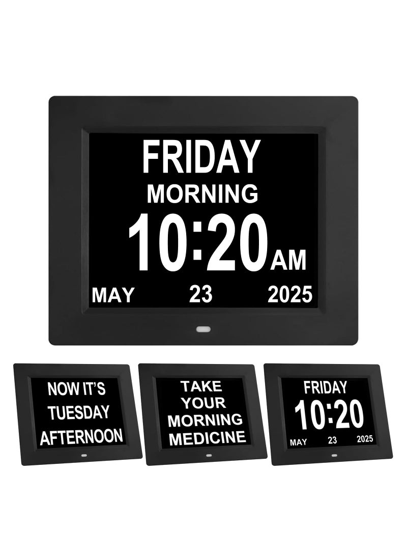 TMC TMC 8 Inch Dementia Clock for Seniors Digital Calendar with MultiLanguage Support Auto Dimming WallMountable Design Detachable Stand Alzheimers Clock with Large Number Black SD 