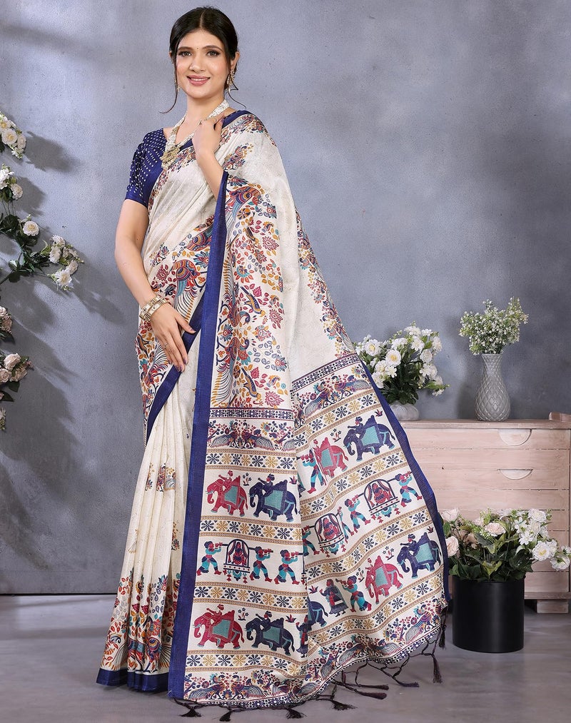 Yashika Women's Art Silk Animal Printed Saree With Unstitched Blouse Piece |saree for Women | New Sari | Latest Saree_AZ-YA-P1-SHAADI NAVY - Image 4
