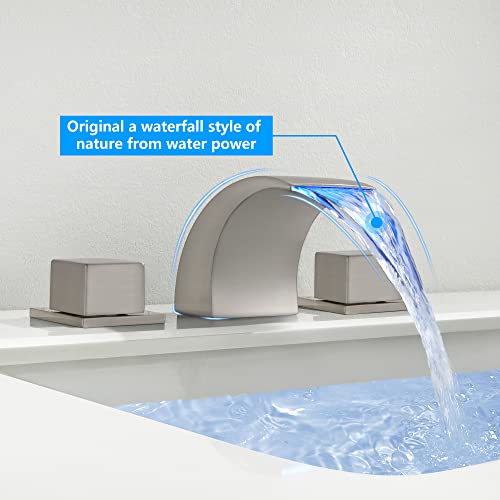 SKOWLL 2 Handle LED Bathroom Faucet, Brushed Nickel Waterfall Deck Mount Roman Tub Faucets, 8 Inch Widespread Modern Vanity Sink Faucet for 3 Hole - Image 5