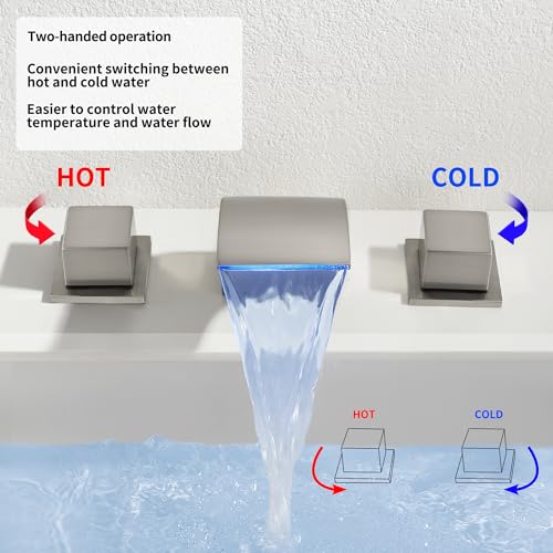 SKOWLL 2 Handle LED Bathroom Faucet, Brushed Nickel Waterfall Deck Mount Roman Tub Faucets, 8 Inch Widespread Modern Vanity Sink Faucet for 3 Hole - Image 4
