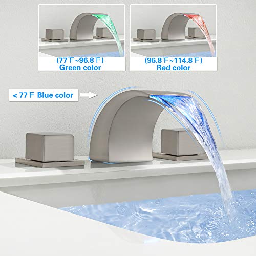 SKOWLL 2 Handle LED Bathroom Faucet, Brushed Nickel Waterfall Deck Mount Roman Tub Faucets, 8 Inch Widespread Modern Vanity Sink Faucet for 3 Hole - Image 3