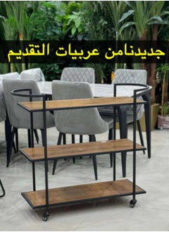 fan baytk Black 3-Tier Serving Trolley with Premium Brown Wood Tops - Dimensions: 90cm L x 35cm W x 90cm H. Perfect for serving food and drinks at events and parties.  - Image 1