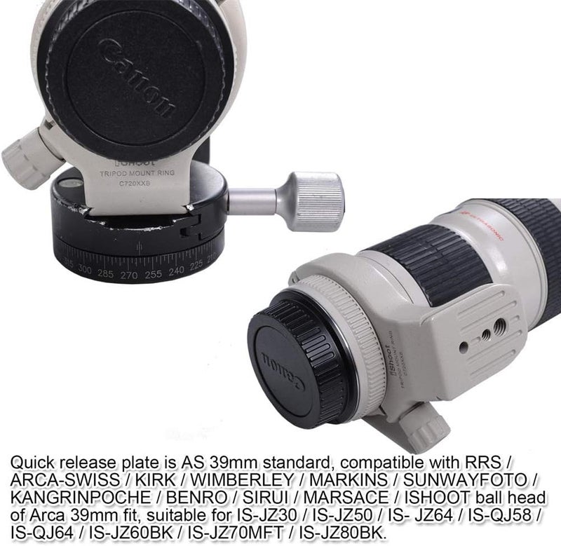 iShoot Lens Tripod Mount Ring for Canon EF 70-200mm f/4L (IS) USM, EF 400mm f/5.6 L USM, EF 80-200mm f/2.8L, Lens Collar Support Bracket with AS Fit Quick Release Plate for Tripod Ball Head of ARCA-SWISS Fit - Image 5
