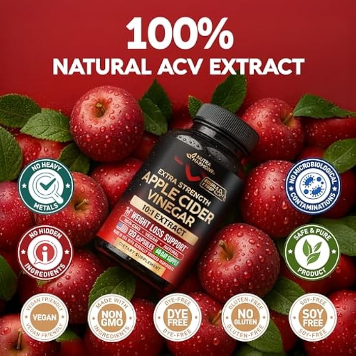 NUTRAHARMONY Apple Cider Vinegar Capsules - 100% Natural Pure ACV - Weight Loss & Energy Support - Extra Strength 10:1 Extract - Alternative to Gummies & Liquid - 3rd Party Lab Tested - 120 Capsules, 60-Day Supply - Image 5