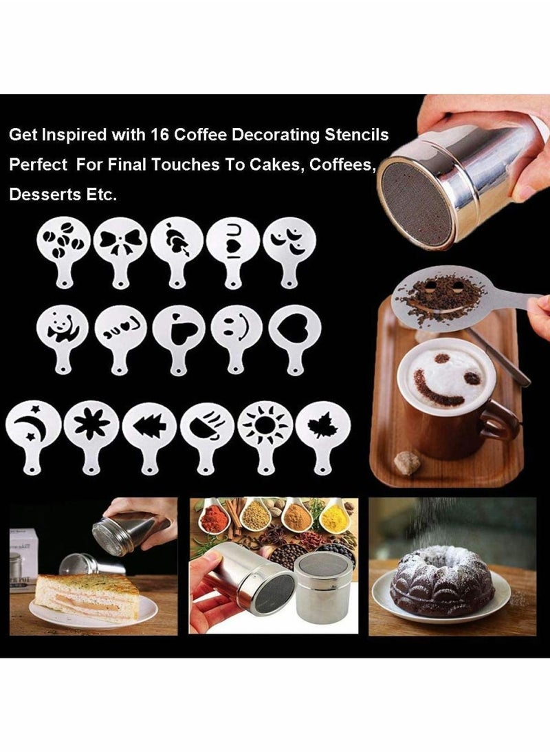 Y&D - Chocolate Shaker Dusters Stainless Steel Mesh Powder for Icing Sugar Cocoa Cappuccino with Coffee Stencils, Kitchen, Drinks and Baking - Image 1