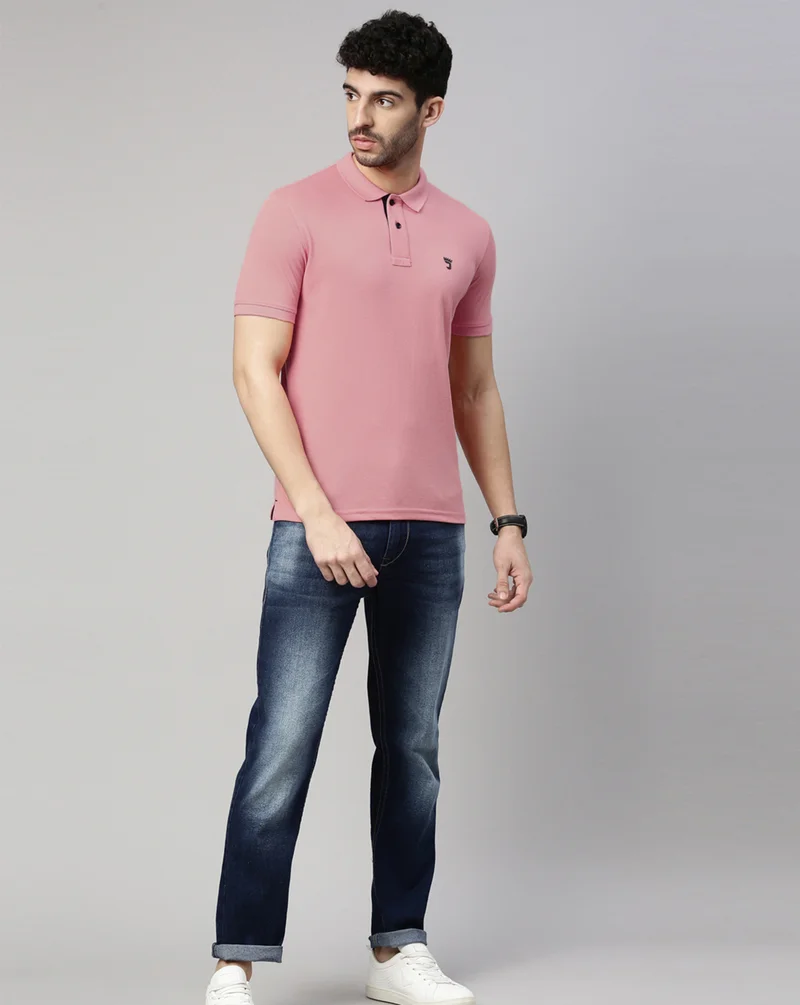 Joven Men Dusty Pink Solid Polo Collar Pure Cotton T-Shirt