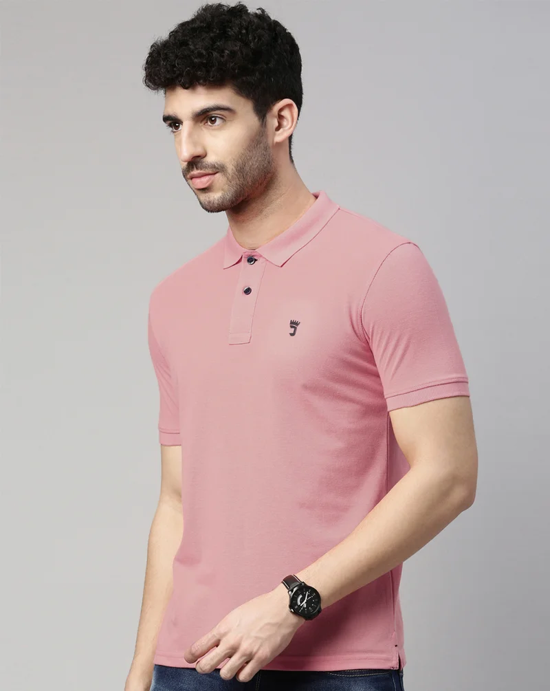 Joven Men Dusty Pink Solid Polo Collar Pure Cotton T-Shirt