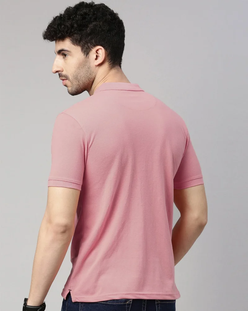 Joven Men Dusty Pink Solid Polo Collar Pure Cotton T-Shirt