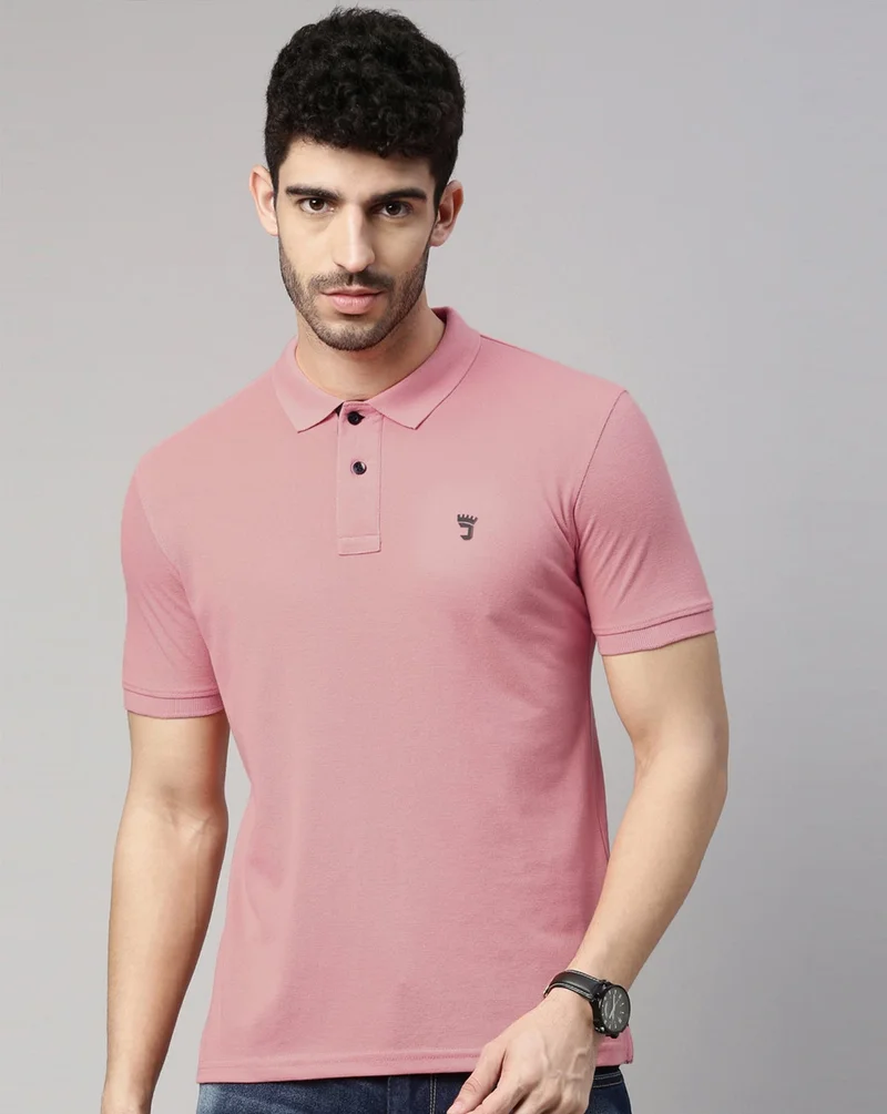 Joven Men Dusty Pink Solid Polo Collar Pure Cotton T-Shirt
