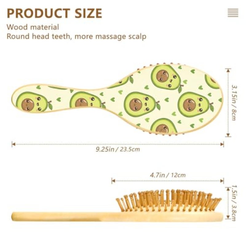 Cute Avocado Heart Pattern Hair Brush for Women Men Smoothing Hair Brushes Round Hairbrush Hair Massager Scalp Travel Wooden Combs for Wet Dry Curly Straight Thick Hair - Image 3