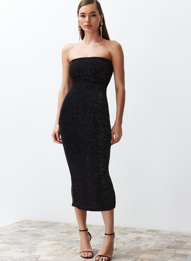 trendyol Black Bodycon Lined Sparkly Glitter Knitted Elegant Evening Night Graduation Dress - Image 1