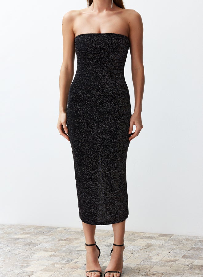 trendyol Black Bodycon Lined Sparkly Glitter Knitted Elegant Evening Night Graduation Dress - Image 4