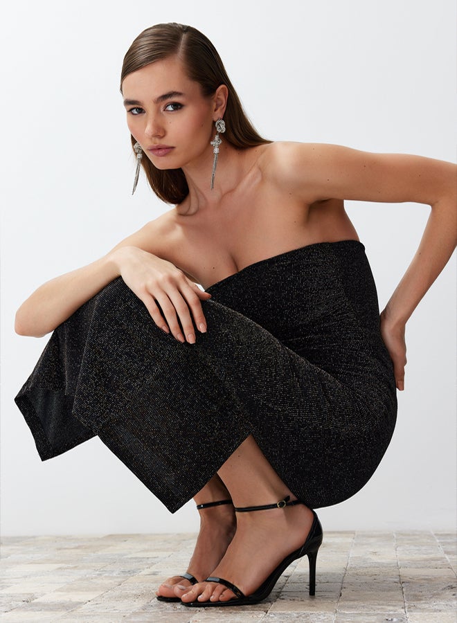 trendyol Black Bodycon Lined Sparkly Glitter Knitted Elegant Evening Night Graduation Dress - Image 2