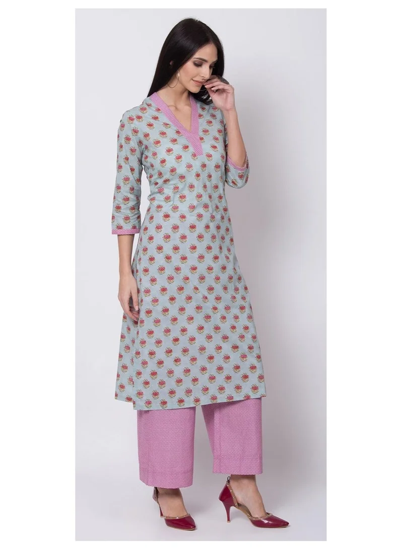 Biba  Sky Blue Straight Kurta Palazzo Suit Set for Women | Best Price UAE
