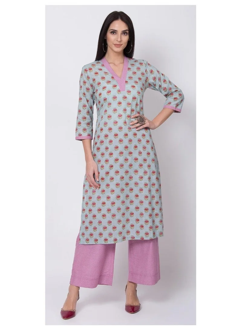 Biba  Sky Blue Straight Kurta Palazzo Suit Set for Women | Best Price UAE