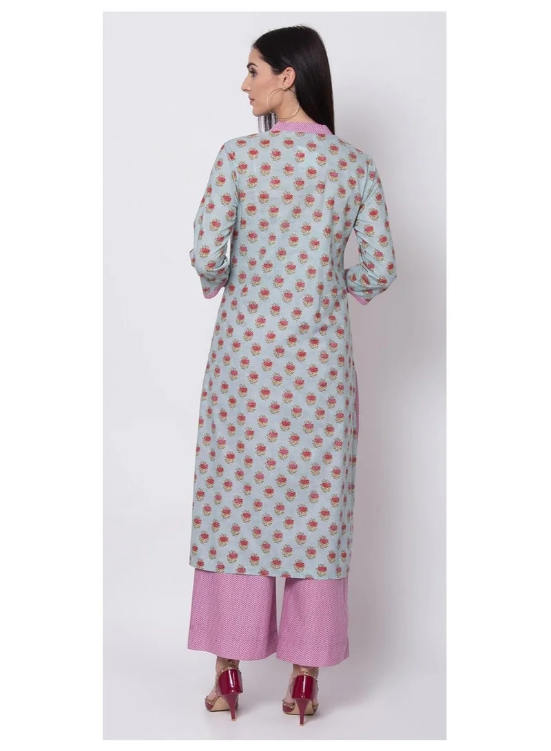 Biba Sky Blue Straight Kurta Palazzo Suit Set