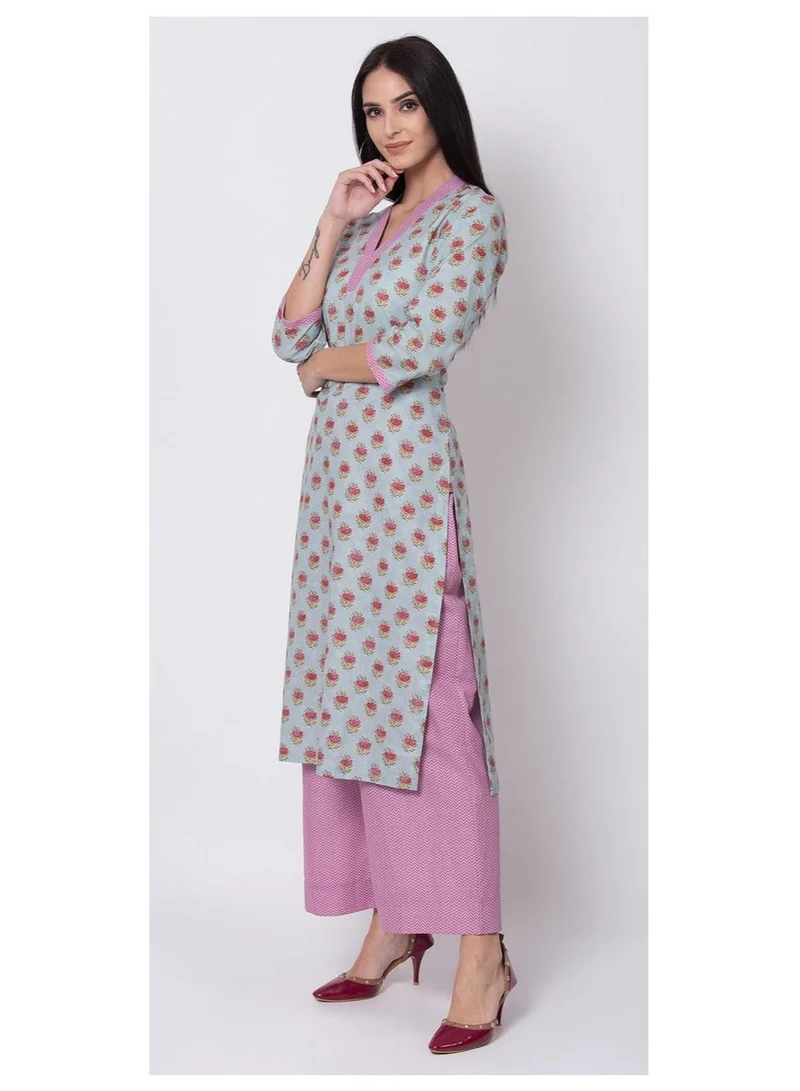 Biba  Sky Blue Straight Kurta Palazzo Suit Set for Women | Best Price UAE