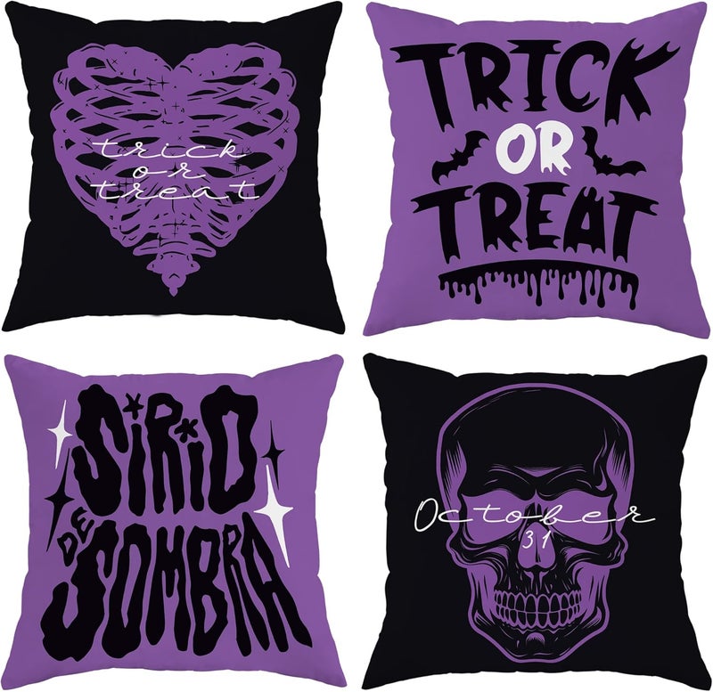 Halloween Throw Pillow Covers Set of 4, Violet Skull and Heart Decorative Cushion Cases, Spooky Autumn Farmhouse Decor for Home Sofa Bed Couch 16x16 Inch - Image 1