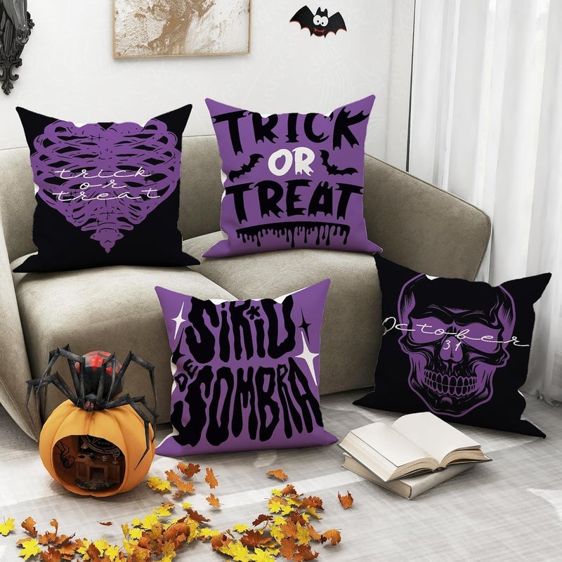 Halloween Throw Pillow Covers Set of 4, Violet Skull and Heart Decorative Cushion Cases, Spooky Autumn Farmhouse Decor for Home Sofa Bed Couch 16x16 Inch - Image 4