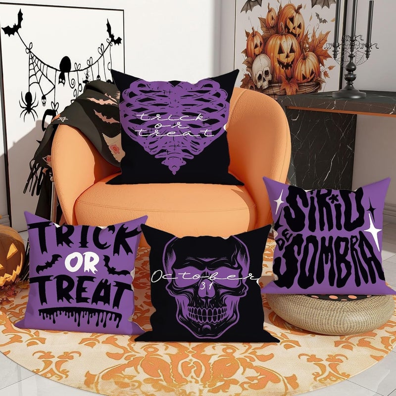 Halloween Throw Pillow Covers Set of 4, Violet Skull and Heart Decorative Cushion Cases, Spooky Autumn Farmhouse Decor for Home Sofa Bed Couch 16x16 Inch - Image 2