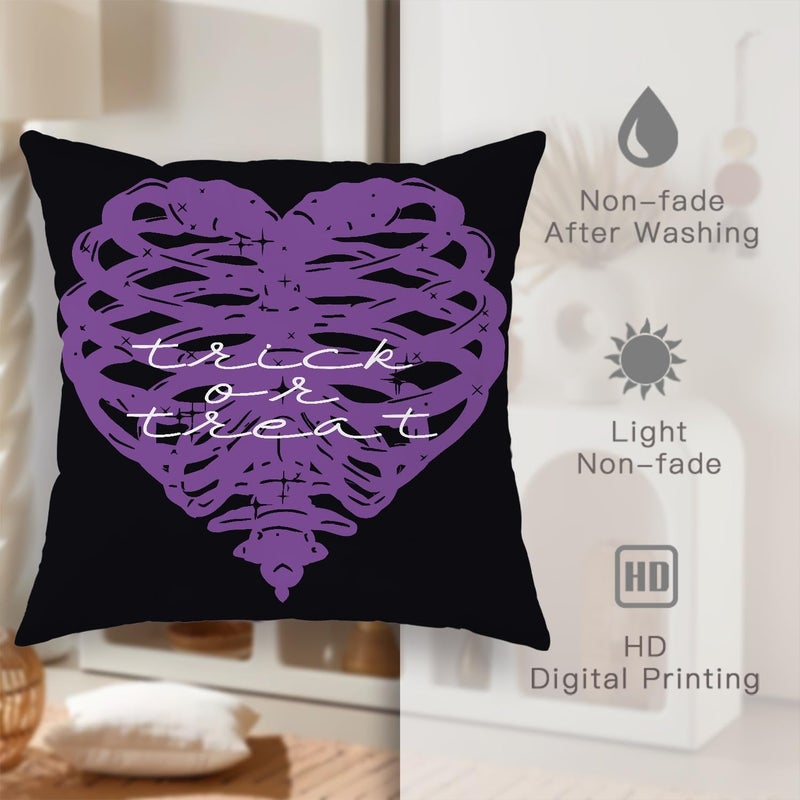 Halloween Throw Pillow Covers Set of 4, Violet Skull and Heart Decorative Cushion Cases, Spooky Autumn Farmhouse Decor for Home Sofa Bed Couch 16x16 Inch - Image 5