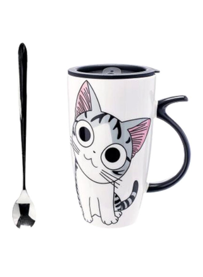 Cat Printed Ceramic Mug With Lid And Spoon White/Grey/Pink 16x9centimeter - Image 1