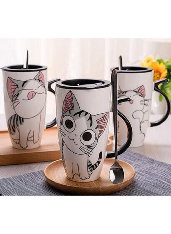 Cat Printed Ceramic Mug With Lid And Spoon White/Grey/Pink 16x9centimeter - Image 2
