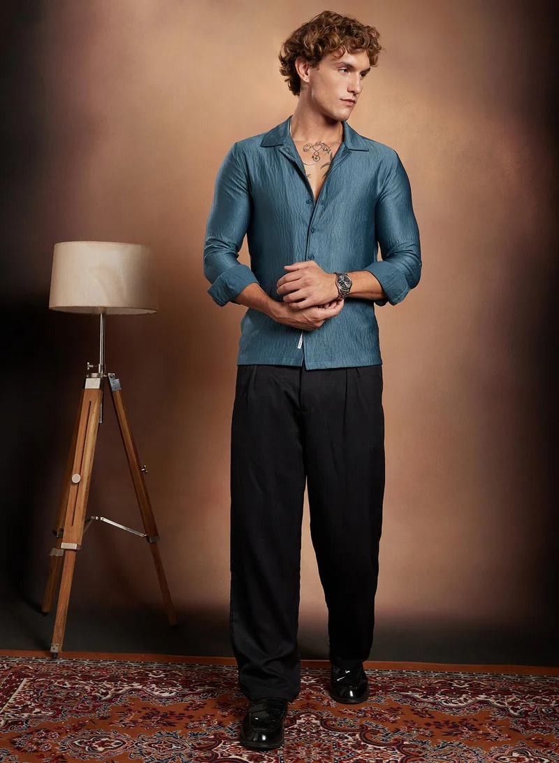 Campus Sutra Campus Sutra Men's Indigo Blue Satin Cuban Shirt For Casual Wear | Cuban Collar | Long Cuffed Sleeves | Button Closure | Shirt Crafted With Comfort Fit For Everyday Wear