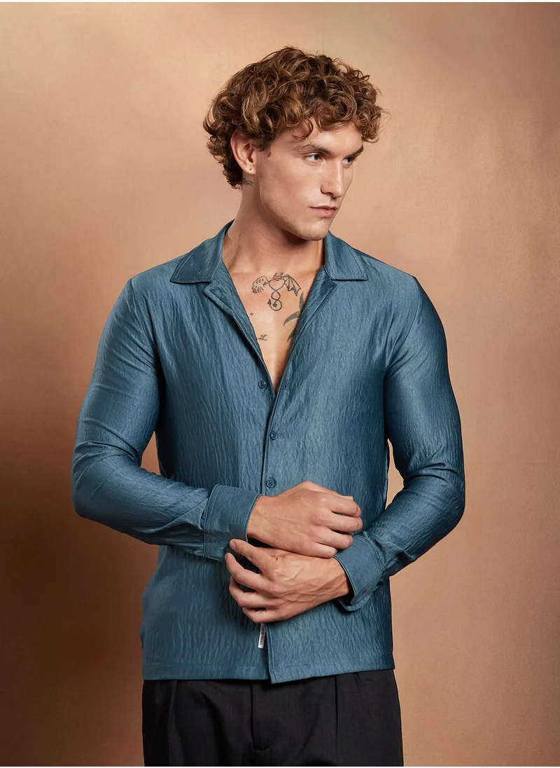 Campus Sutra Campus Sutra Men's Indigo Blue Satin Cuban Shirt For Casual Wear | Cuban Collar | Long Cuffed Sleeves | Button Closure | Shirt Crafted With Comfort Fit For Everyday Wear