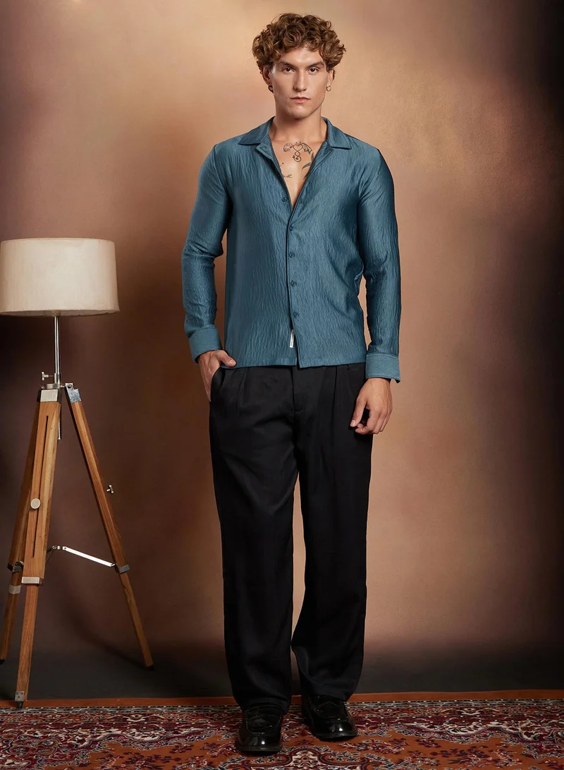 Campus Sutra Campus Sutra Men's Indigo Blue Satin Cuban Shirt For Casual Wear | Cuban Collar | Long Cuffed Sleeves | Button Closure | Shirt Crafted With Comfort Fit For Everyday Wear