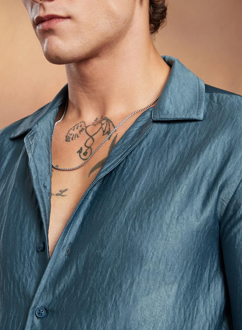 Campus Sutra Campus Sutra Men's Indigo Blue Satin Cuban Shirt For Casual Wear | Cuban Collar | Long Cuffed Sleeves | Button Closure | Shirt Crafted With Comfort Fit For Everyday Wear