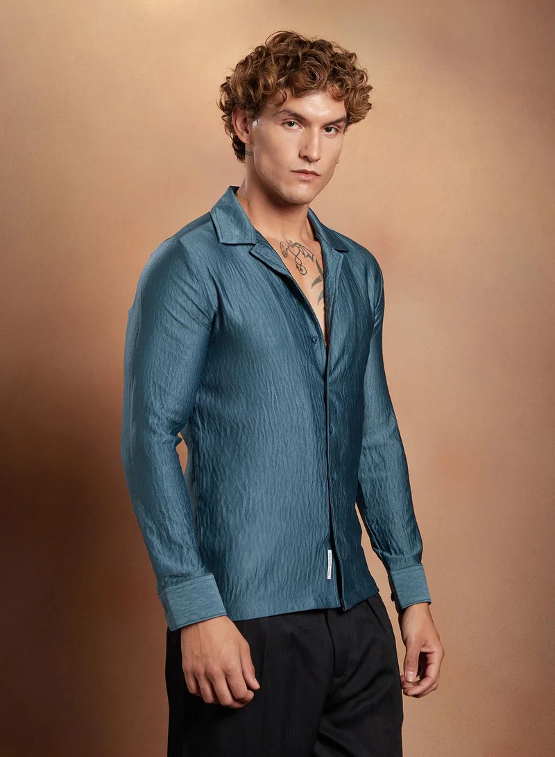 Campus Sutra Campus Sutra Men's Indigo Blue Satin Cuban Shirt For Casual Wear | Cuban Collar | Long Cuffed Sleeves | Button Closure | Shirt Crafted With Comfort Fit For Everyday Wear