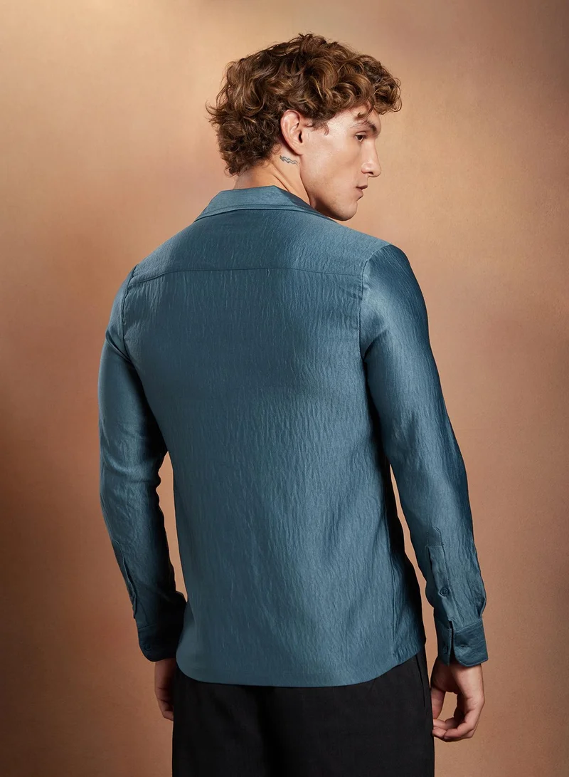 Campus Sutra Campus Sutra Men's Indigo Blue Satin Cuban Shirt For Casual Wear | Cuban Collar | Long Cuffed Sleeves | Button Closure | Shirt Crafted With Comfort Fit For Everyday Wear