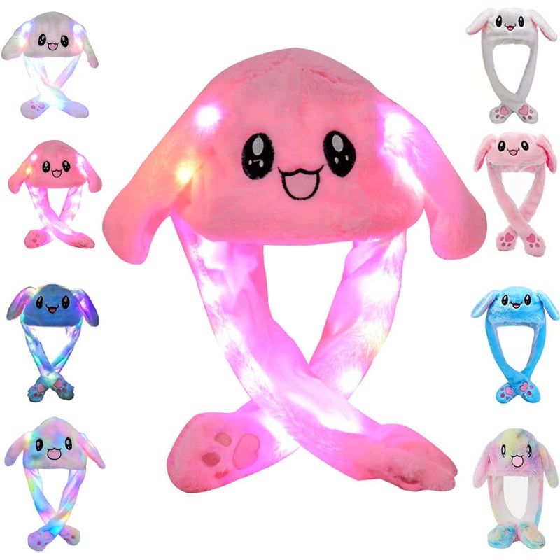 umbresen Bunny Hat Ear Moving Jumping Rabbit Hat Funny Cute Plush Animal Cap with Paws for Kids Women Girl Party Christmas Holiday Birthday Dress up Cosplay Costume Gift LED Pink - Image 2
