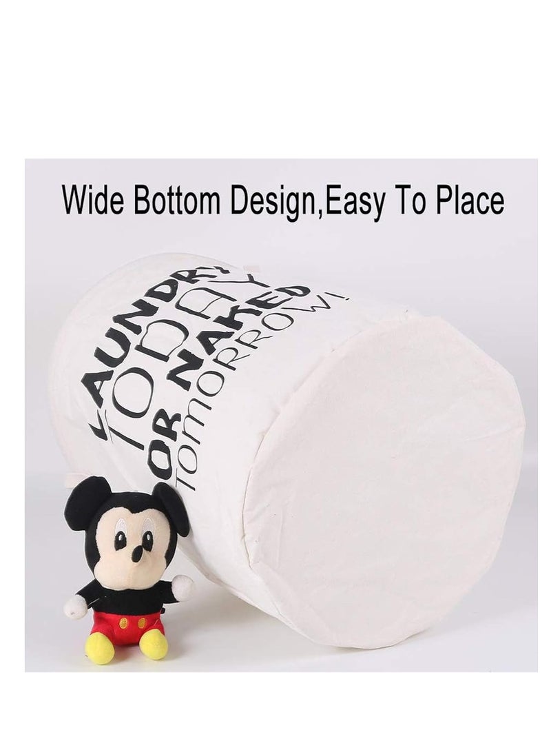 Rightsure Laundry Basket, 63L Foldable Round Canvas Large Clothes Hamper, Waterproof Washing Basket with Printed Letters, Laundry Bag for Bedrooms and Bathroom, White - Image 2