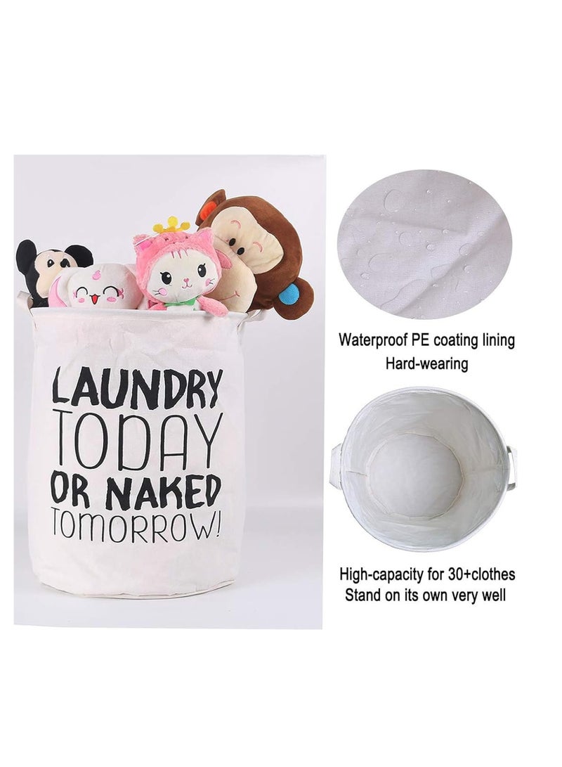 Rightsure Laundry Basket, 63L Foldable Round Canvas Large Clothes Hamper, Waterproof Washing Basket with Printed Letters, Laundry Bag for Bedrooms and Bathroom, White - Image 4