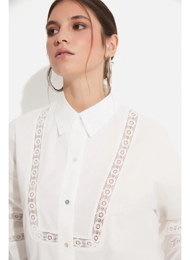 JUNE June Women Exclusive Oversize100% Cotton Guipure Detailed Shirt Ecru