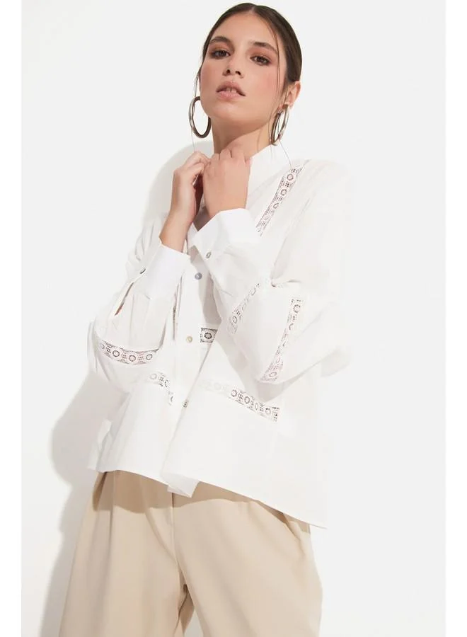 JUNE June Women Exclusive Oversize100% Cotton Guipure Detailed Shirt Ecru