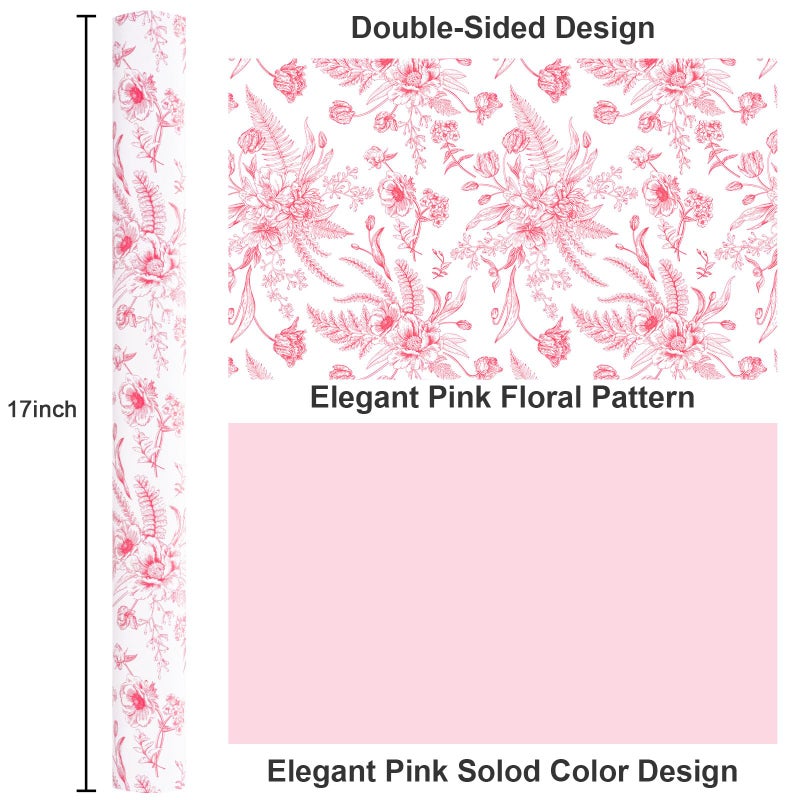 Yarcony Pink Floral Gift Wrapping Paper, Vintage Toile Floral Pink Gift Wrap for Girls Women Birthday,Wedding, Mother's Day, Valentine's Day,Bridal Shower, Spring (17 In X 16.5 Ft) - Image 3