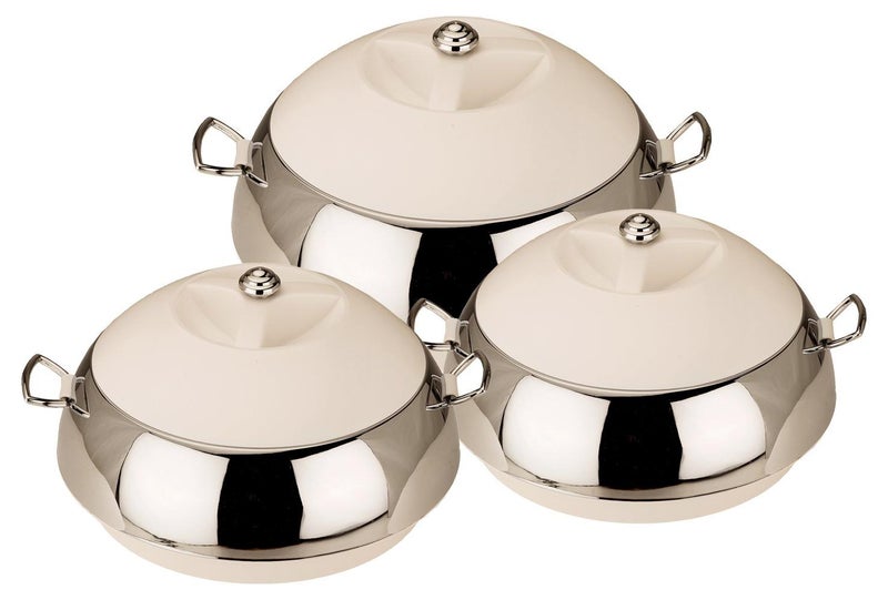 JAYPEE Eena Meena Deeka Ultra Serving Set PU Insulated with Chrome Plated Knob Casserole Set of 3 Inner Stainless Steel Serving Bowl 75010001500 ml Ultra White - Image 1
