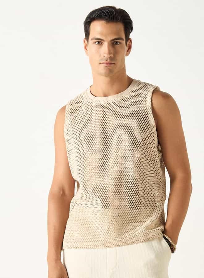 Splash FAV Iconic Textured Sleeveless T-shirt with Crew Neck - Image 1