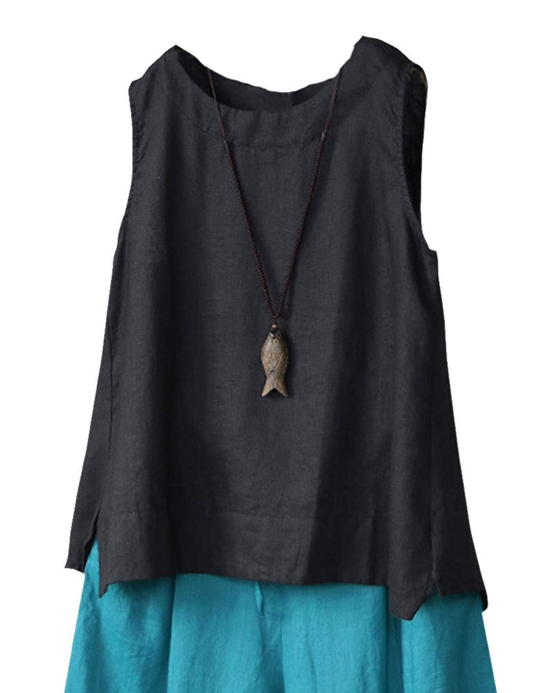 IXIMO Womens 100 Linen Sleeveless Tank Tops Summer Shirts Casual Blouses Black2 M