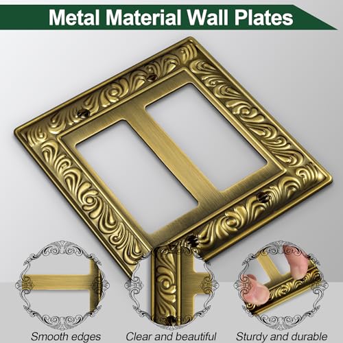 Ranweydi Antique Brass Decorative Wall Plate Light Switch Cover Decorator Outlet Covers Rocker Switch Plates Metal Material Wall Plates for Kitchen Bathroom (2 Gang Double Decorator-3 Pack) - Image 2