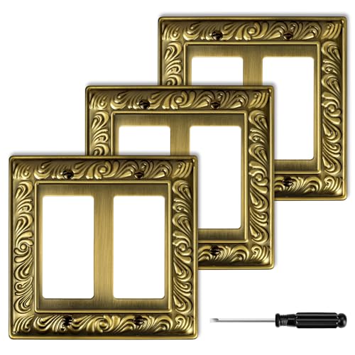 Ranweydi Antique Brass Decorative Wall Plate Light Switch Cover Decorator Outlet Covers Rocker Switch Plates Metal Material Wall Plates for Kitchen Bathroom (2 Gang Double Decorator-3 Pack) - Image 1