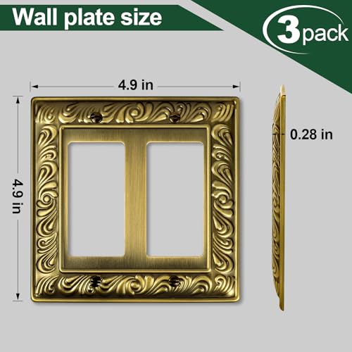 Ranweydi Antique Brass Decorative Wall Plate Light Switch Cover Decorator Outlet Covers Rocker Switch Plates Metal Material Wall Plates for Kitchen Bathroom (2 Gang Double Decorator-3 Pack) - Image 3