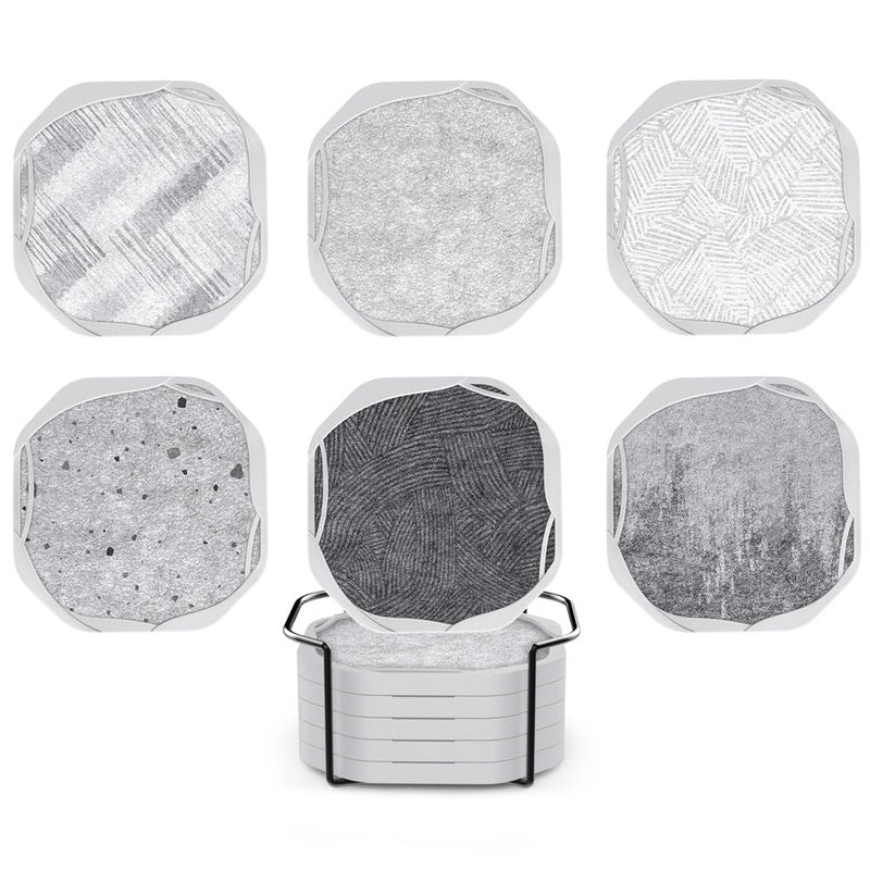 UMIRRO Absorbent Coasters for Drinks with Holder, Felt Coasters with Silicone Case for Wooden Coffee Table, 4", Set of 6, Grey Tone - Image 1