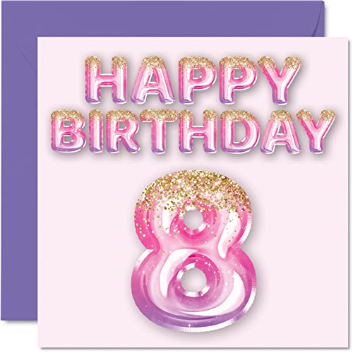 Stuff4 8th Birthday Card for Girls - Pink & Purple Glitter Balloons - Happy Birthday Cards for 8 Year Old Girl Daughter Sister Granddaughter Cousin, 5.7 x 5.7 Inch Eight Eighth Bday Greeting Cards Gift - Image 1