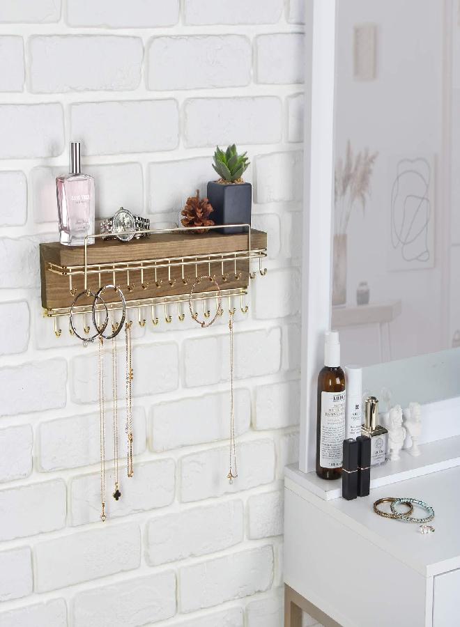 J JACKCUBE DESIGN J JACKCUBE DESIGN Rustic Wood Wall Mounted Jewelry Organizer with 30 Gold Metal Hooks Display Shelf Storage for Necklaces, Bracelets, Earrings, Bows and more - MK626A  - Image 2