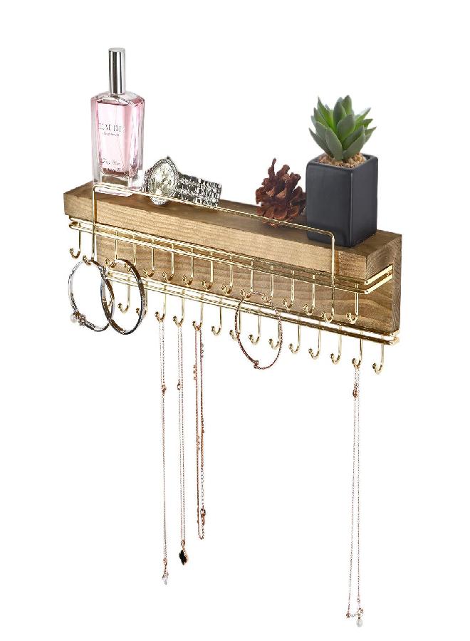 J JACKCUBE DESIGN J JACKCUBE DESIGN Rustic Wood Wall Mounted Jewelry Organizer with 30 Gold Metal Hooks Display Shelf Storage for Necklaces, Bracelets, Earrings, Bows and more - MK626A  - Image 1