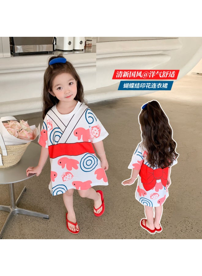 Women's Baby T-shirt Dress Summer New Cute Cartoon Children's Fashion Western Bow Printed Skirt